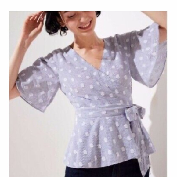 LOFT Tops - NWOT S Loft wrap top (blue & white w polka dots)